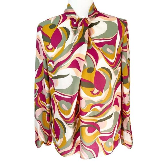 Pleione Women's Blouse S Swirl Geometric Print Mock Neck Ruched Long Sleeve Top - Picture 1 of 8